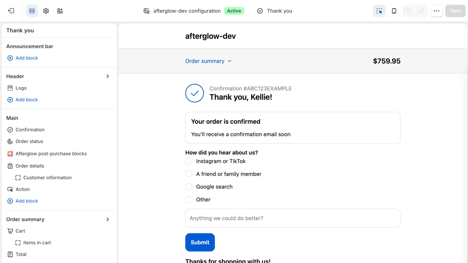 Afterglow survey and custom message on a Thank you page in the checkout editor