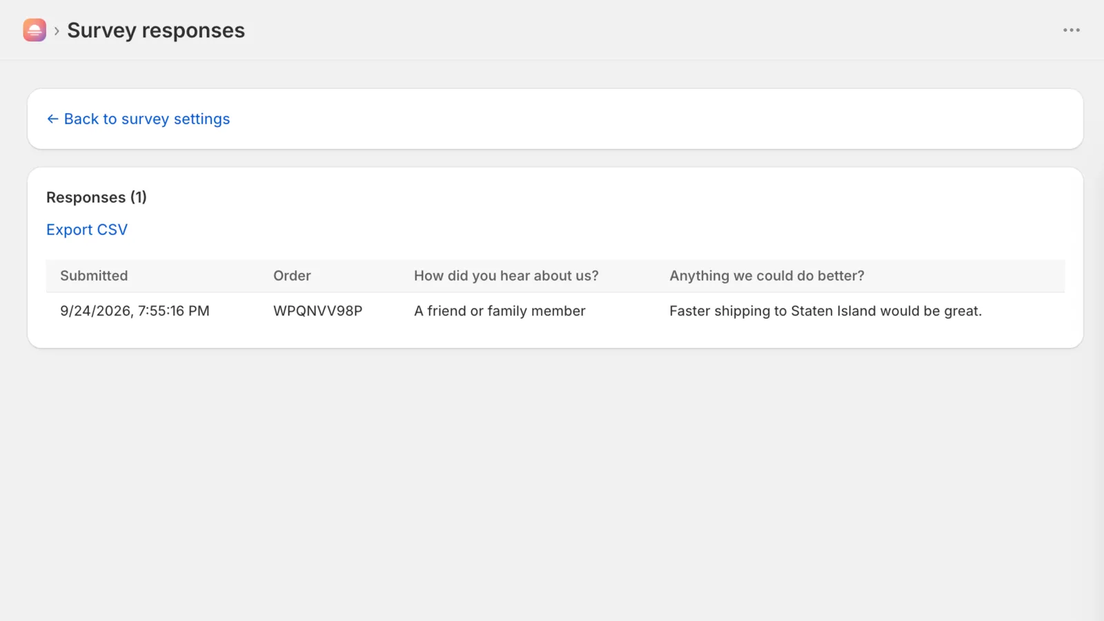 Survey responses in the Afterglow admin, with the CSV export link