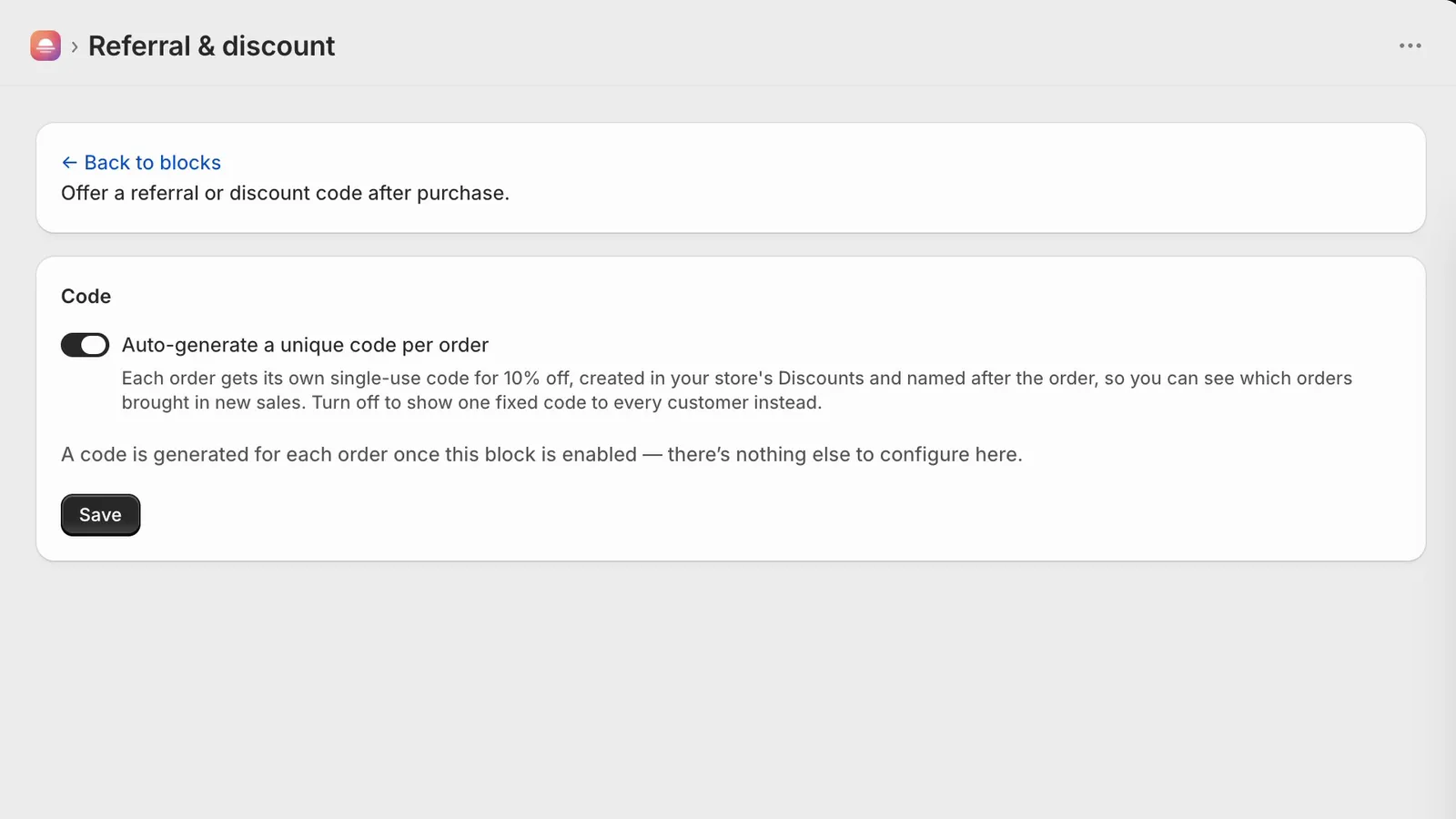 Afterglow’s referral block settings, showing the one-code-per-order option